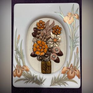 JEWELRY ART COLLAGE IN HAND-PAINTED CERAMIC FRAME FROM JAPAN. HANDMADE UNIQUE